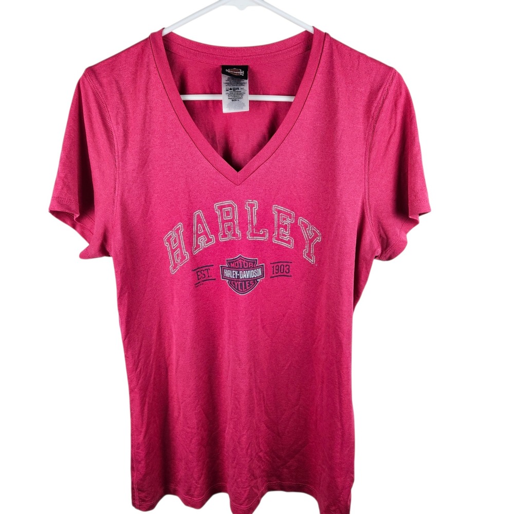 Harley Davidson Womens V Neck Short Sleeve T Shirt Pink Des Moines IA Size L